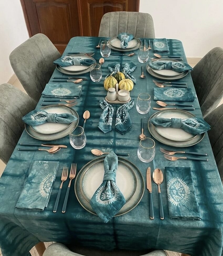 Parure de Table Artisanale Tie & Dye – Nappe 100% Coton & 6 Serviettes – Made in Sénégal