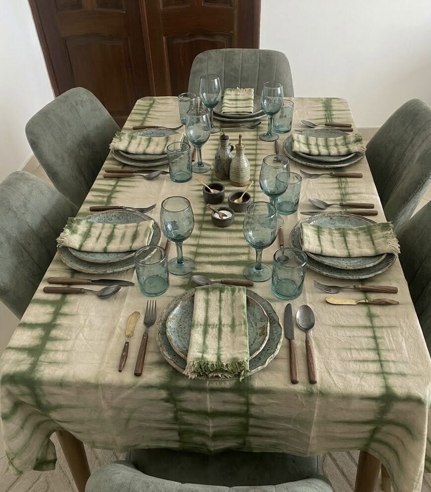 Nappe en Coton Artisanal Tie-Dye Vert Forêt – Fait Main au Sénégal | Maison Zedyne