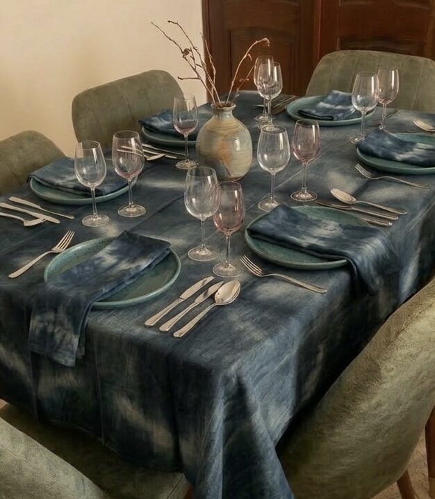 Nappe en Coton Tie-Dye Gris Orage & 6 Serviettes Assorties – Fait Main au Sénégal
